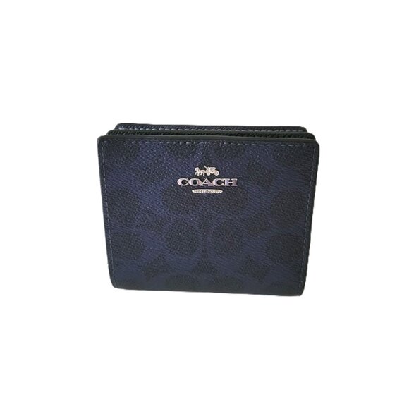 Coach CCL96 Snap Wallet Metallic Signature Small Clutch Blue Navy - Picture 2 of 7